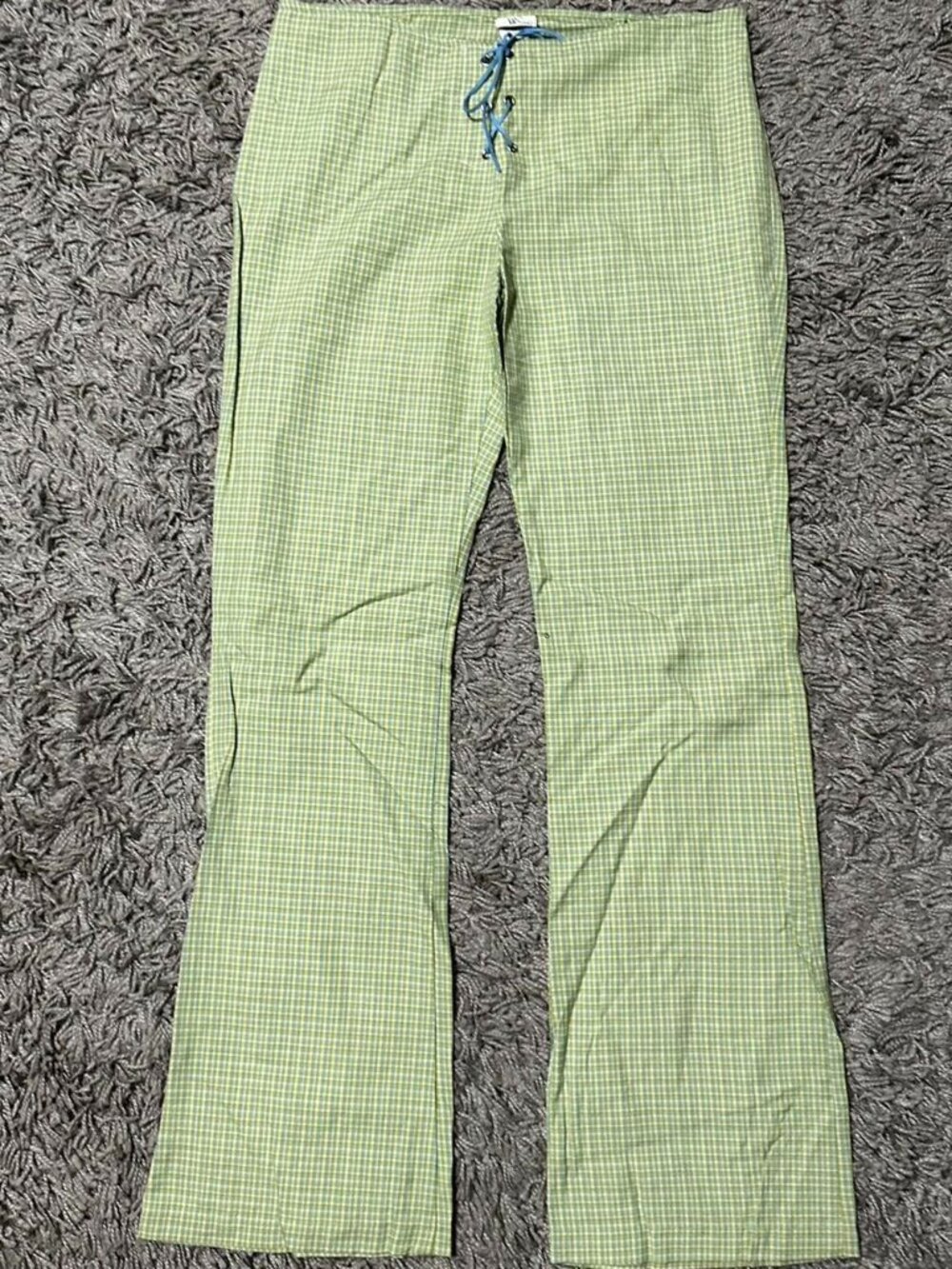 True Vintage Y2K Green and Blue Plaid Flare Pants Size XL Tie up Side